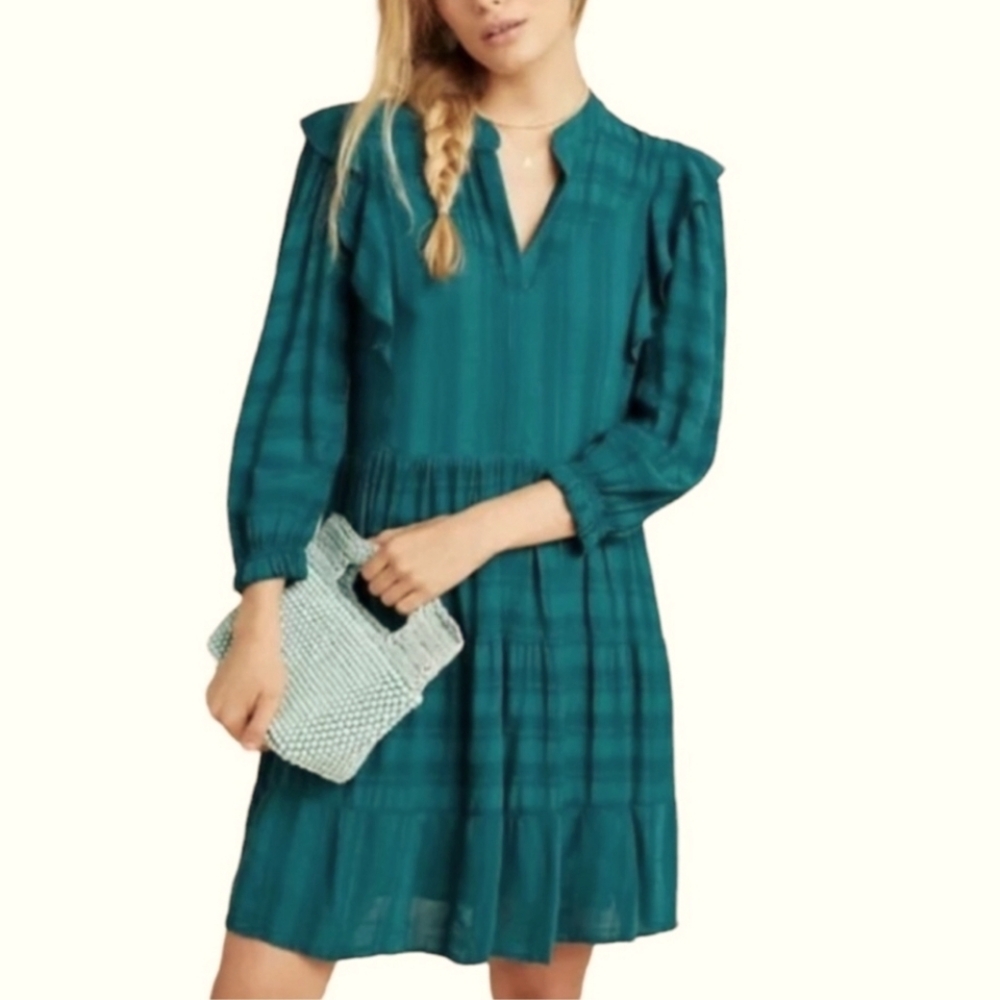 NWT Anthropologie Amadi Turquoise Rossi Ruffled Tunic Long-Sleeve Dress, Size XS
